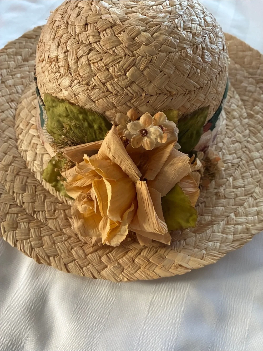 Cappelli Straworld Vintage Tan Woven Straw 3D Flower Floral Wide Brim Sunhat